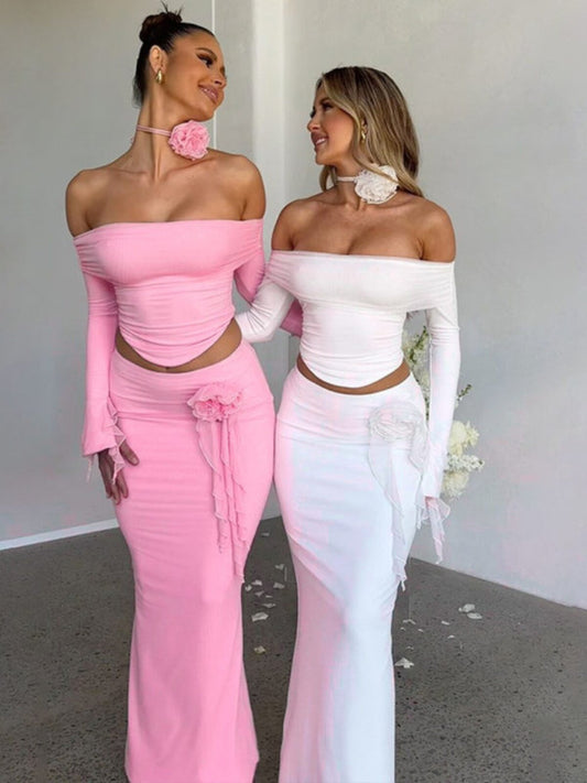 Pure desire style long-sleeved one-shoulder top hip-hugging skirt two-piece set 2026 spring/summer new hot girl fashion suit