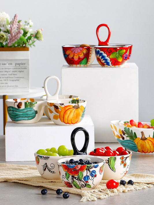 OMK Creative Ceramic Fruit Bowl High Value Ins Bowl With Handle Bowl Household Niche Living Room Grid Snack Dessert Bowl