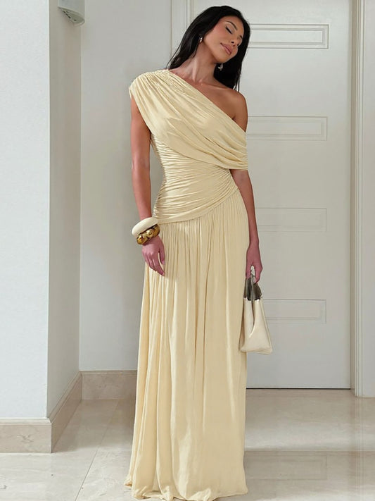 French slanted shoulder irregular temperament dress 2026 summer new hot girl pleats slimming drape long skirt woman