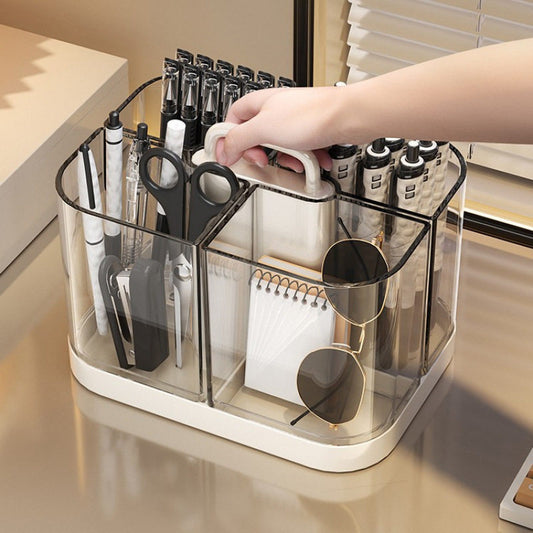 2026 New Multi-functional Transparent Acrylic Pen Holder Large Capacity Super Large Office Desktop Storage Box Detachable Compartment Organizer Practical Portable Handheld Light Luxury High-end Pen Bucket