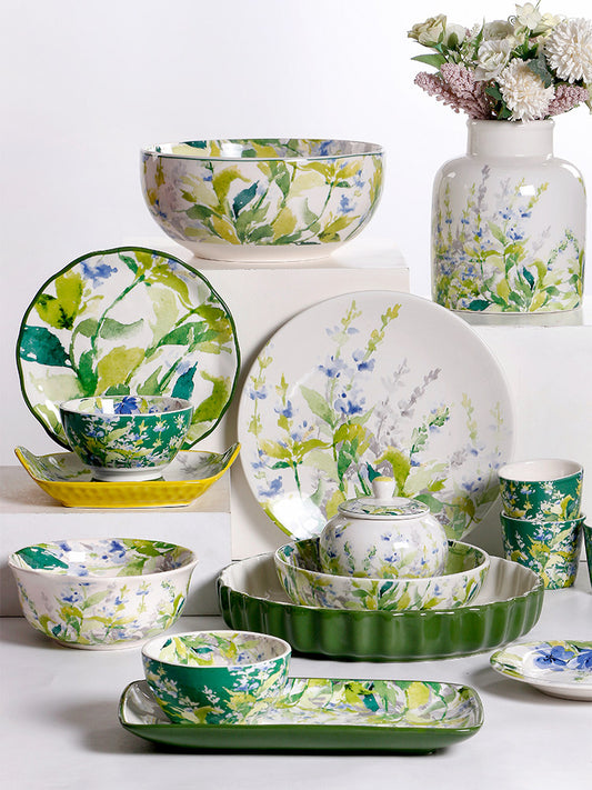 OMK Pastoral Ceramic Plate Creative Small Fresh Dinner Plate Home Deep Plate Noodle Bowl Green Round Large Tray