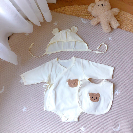 Korean-style baby fart wrap baby spring and autumn pure cotton slanted placket long sleeve triangle ha coat one-piece climbing suit monk suit bear