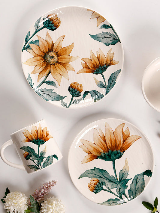 OMK French Sunflower Ceramic Western Snack Plate Combination Creative Embossed 9 Inch Flat Plate Decorative Plate for Home Use