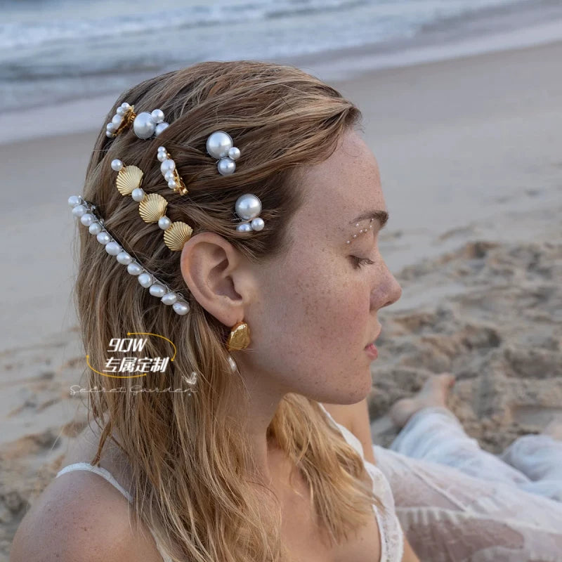 9QW Hawaiian resort style shell pearl hairpin niche high-end sense versatile side clip bangs clip hair accessory headdress
