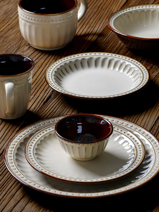 European embossed ceramic tableware household western dishes shallow mouth bowl salad bowl water cup small bowl creative plate bowl cup set