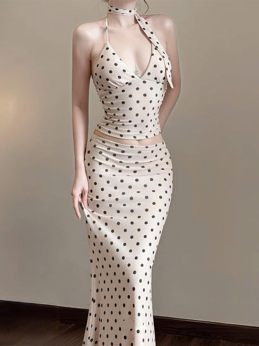 Pure desire polka dot printed camisole top + hip-hugging long skirt two-piece set 2026 summer new hot girl suit trend