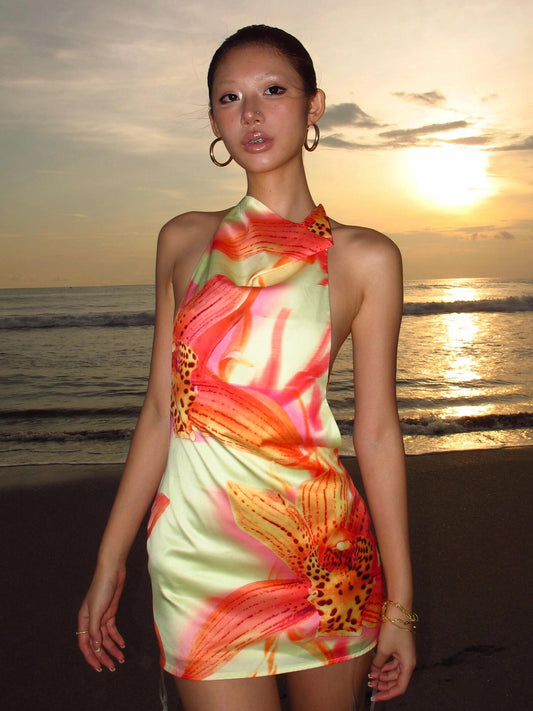 Resort-style flower blended halterneck sleeveless dress 2026 summer outfit hot girl slim slim hip skirt