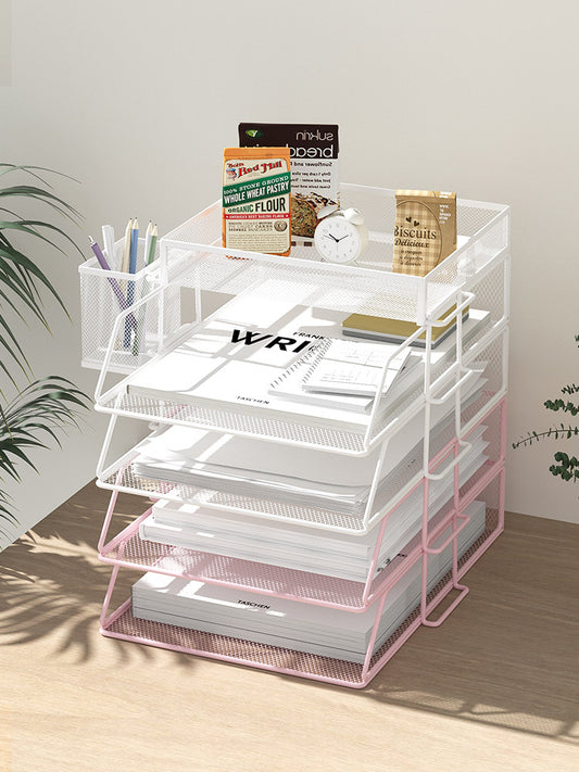 Metal desktop file shelf storage shelf desk shelf iron file frame office stationery document storage shelf file shelf multi-layer folder grid bookshelf data book stand
