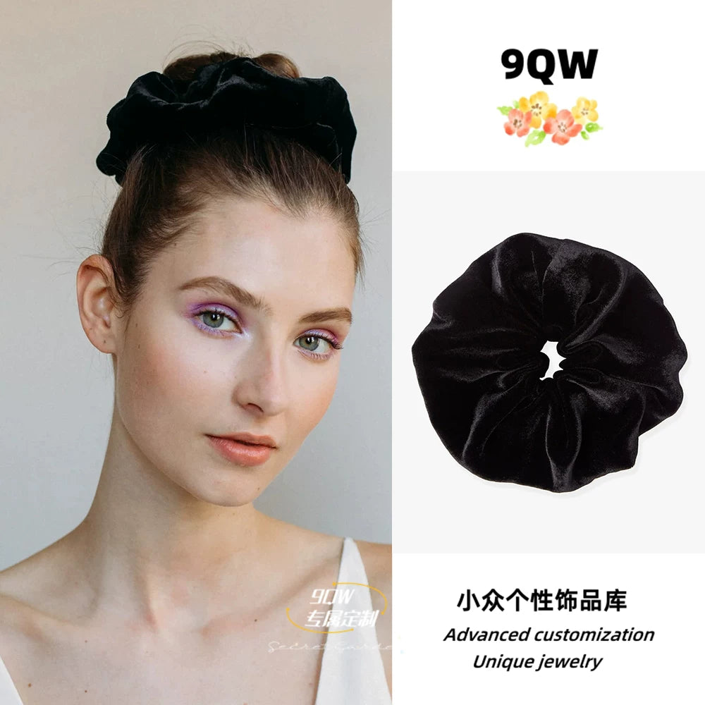 9QW European and American export new texture autumn and winter black large gold velvet large intestine scrunchie tie hair does not hurt hair accessories