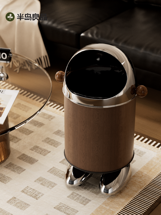 Living room leather trash can household high-end 2026 new with wheels vintage style large paper basket kitchen trash can
