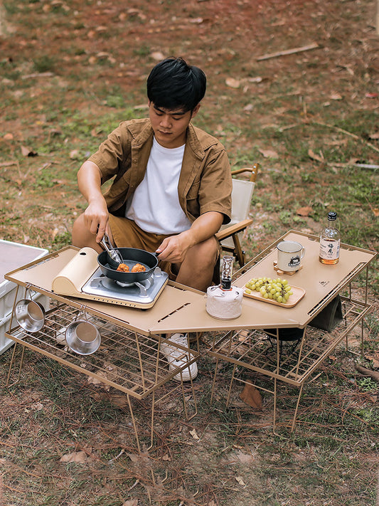 Outdoor folding net table camping self-driving picnic table barbecue table iron net table coffee table iron table drain rack grid table
