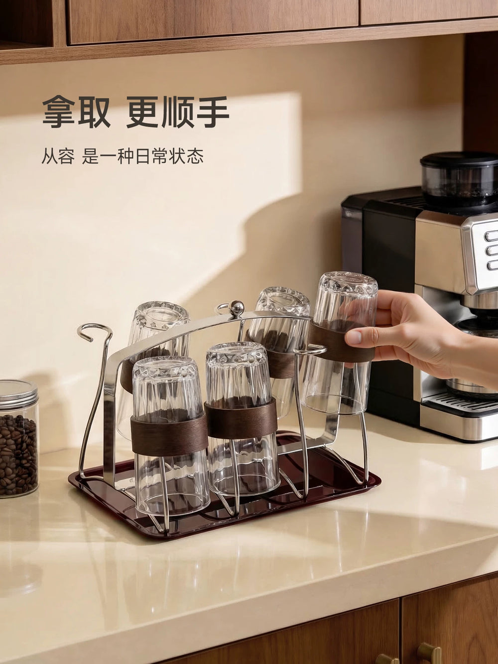 stainless steel cup holder, cup drain rack, dining table, countertop, water cup, coffee tea cup, storage rack, sideboard, storage rack