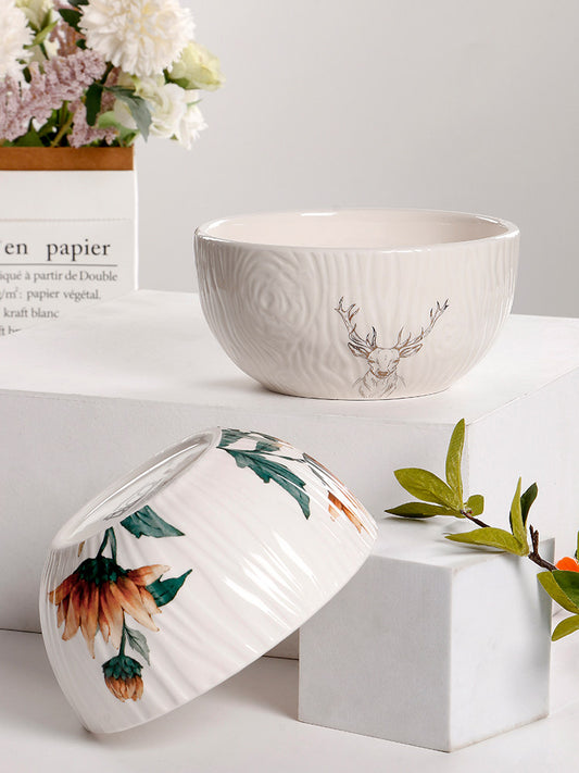 OMK Creative Wood Grain Embossed Fruit Salad Bowl Personalized Inse Style Elk Bowl Ceramic 6 Inch Noodle Bowl for Household