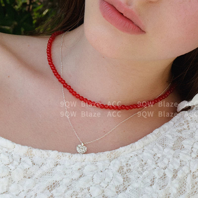 9QW new Chinese accessories national style red beads exquisite and small necklace encore red stacked collarbone chain women