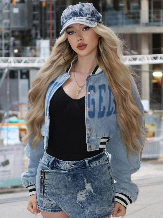 European and American style monogram print cropped denim jacket 2026 fall new Spice Girls college baseball uniform jacket top