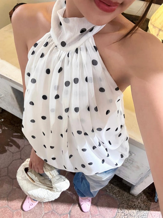 Pure Lust Chiffon Polka Dot Halterneck Lace-up Sleeveless Top 2026 Summer Outfit Spice Girl Sexy Backless Short T-Shirt