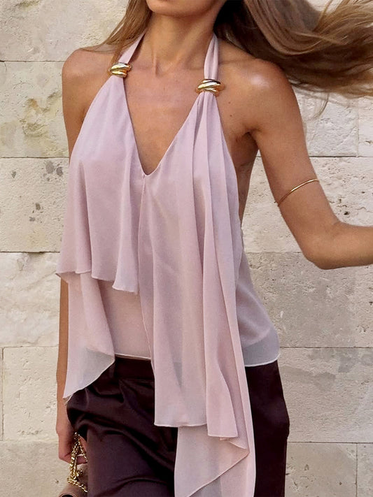 Solid color high-end sense irregular chiffon halterneck camisole 2026 summer new hot girl banquet cropped top