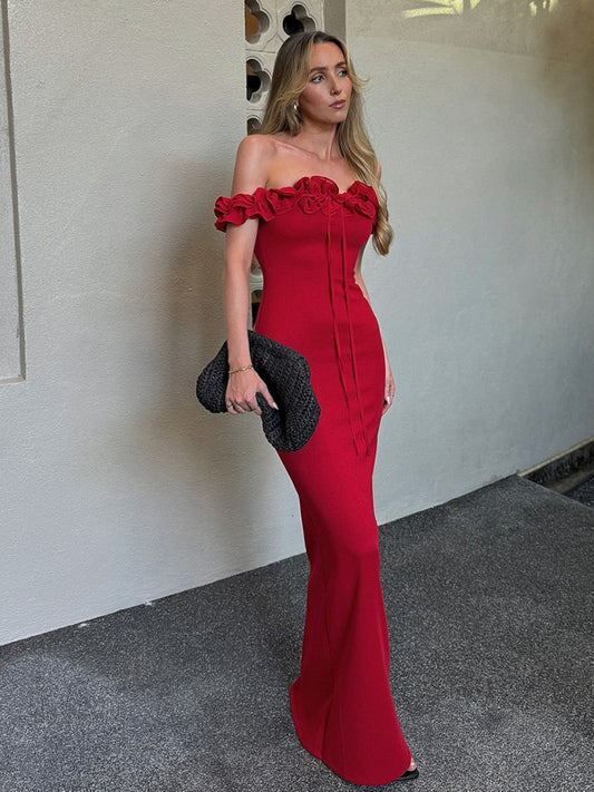 French temperament, fungus edge lace-up one-shoulder dress, hot girl slim slim mermaid long skirt, engagement dress dress