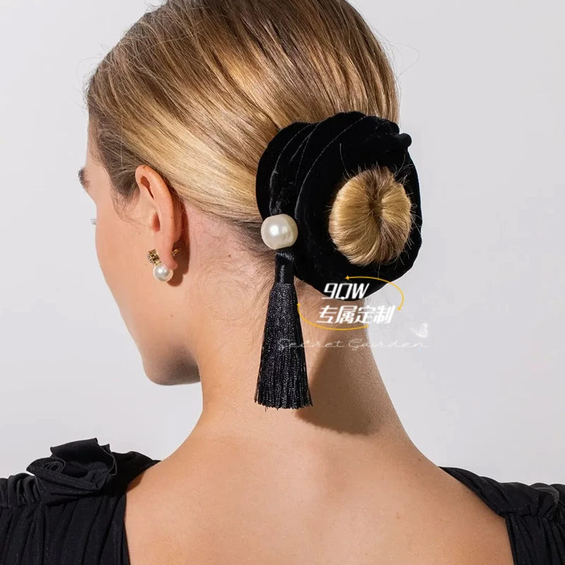 9QW new European and American style retro high-end feeling ball head Chinese pearl tassel scrunchie hair ornament less hair volume head rope