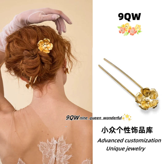 9QW homemade European and American French ins lazy wind metal flower hairpin female high-end sense niche daily updo hairpin