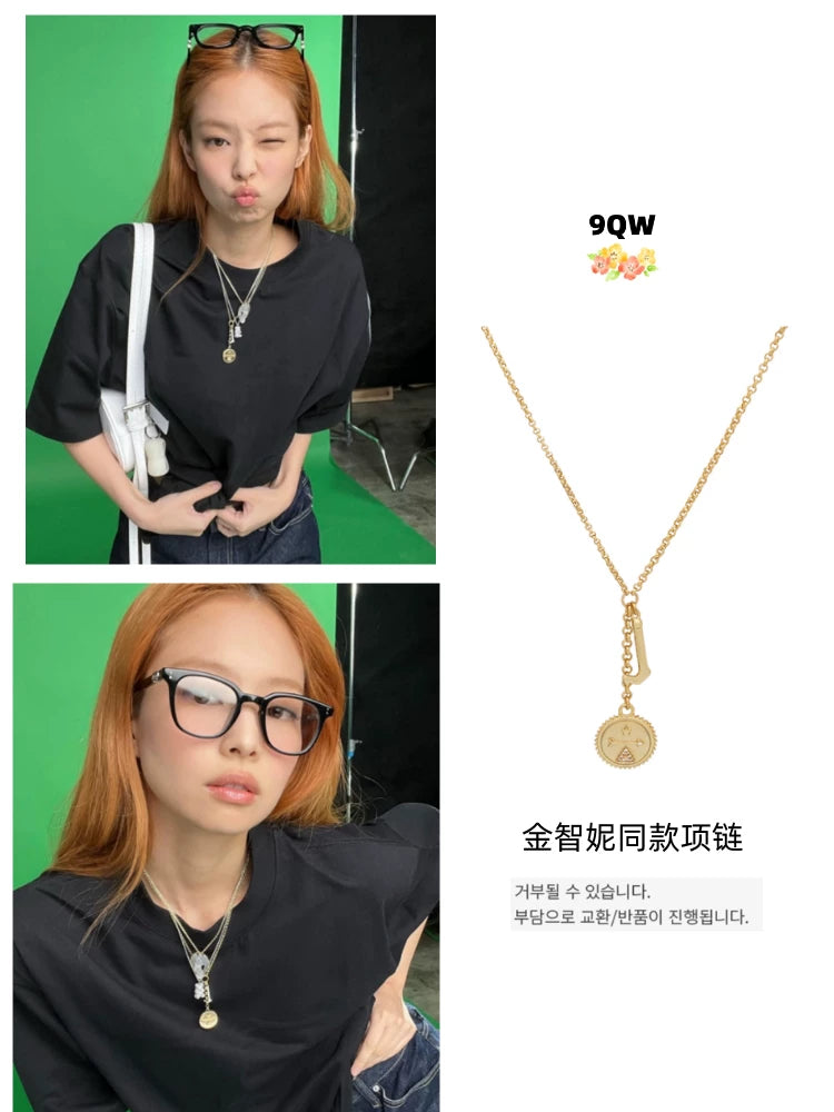 9QW Jin Zhini Jennie's diamond-encrusted geometric pendant necklace niche design letter metal collarbone chain for women