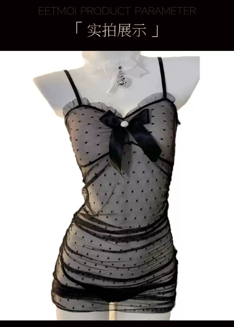 [Coco Witch] is uninhibited! Sexy pure lust wind lace see-through polka dot fun seduction dress nightdress