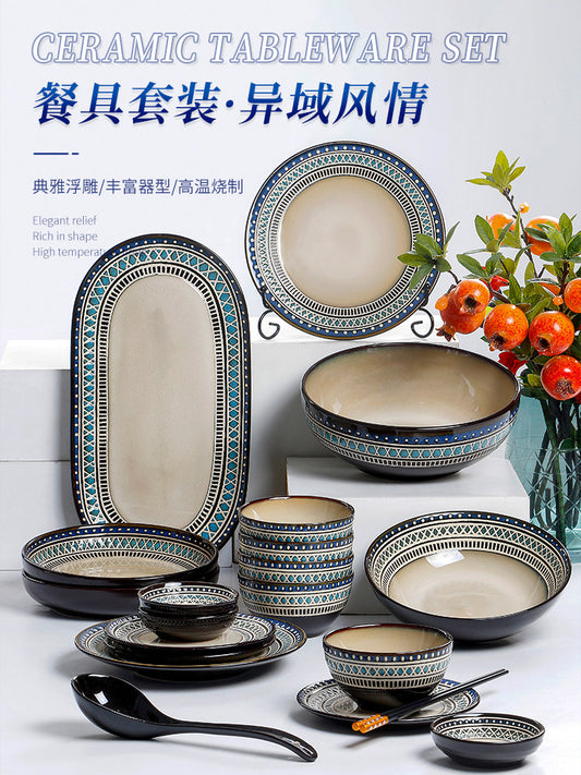 OMK European embossed ceramic plates and bowls, set, housewarming, gifts, light luxury, high-end family tableware, personalized dishes
