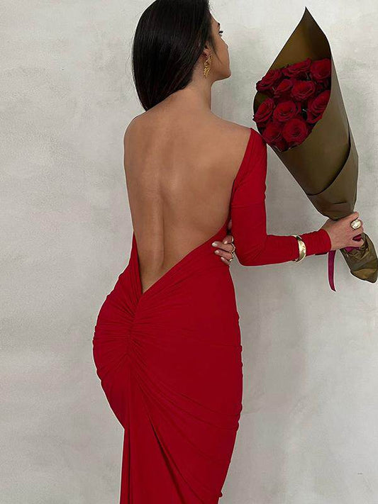 European and American solid color high-end sensual big open back long-sleeved dress 2026 autumn new hot girl hip-hugging long skirt for women