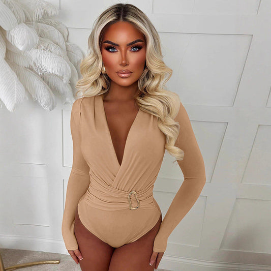 European and American foreign trade women's nightclub work clothes leaky chest American hot girl wearing V-neck tight long-sleeved jumpsuit