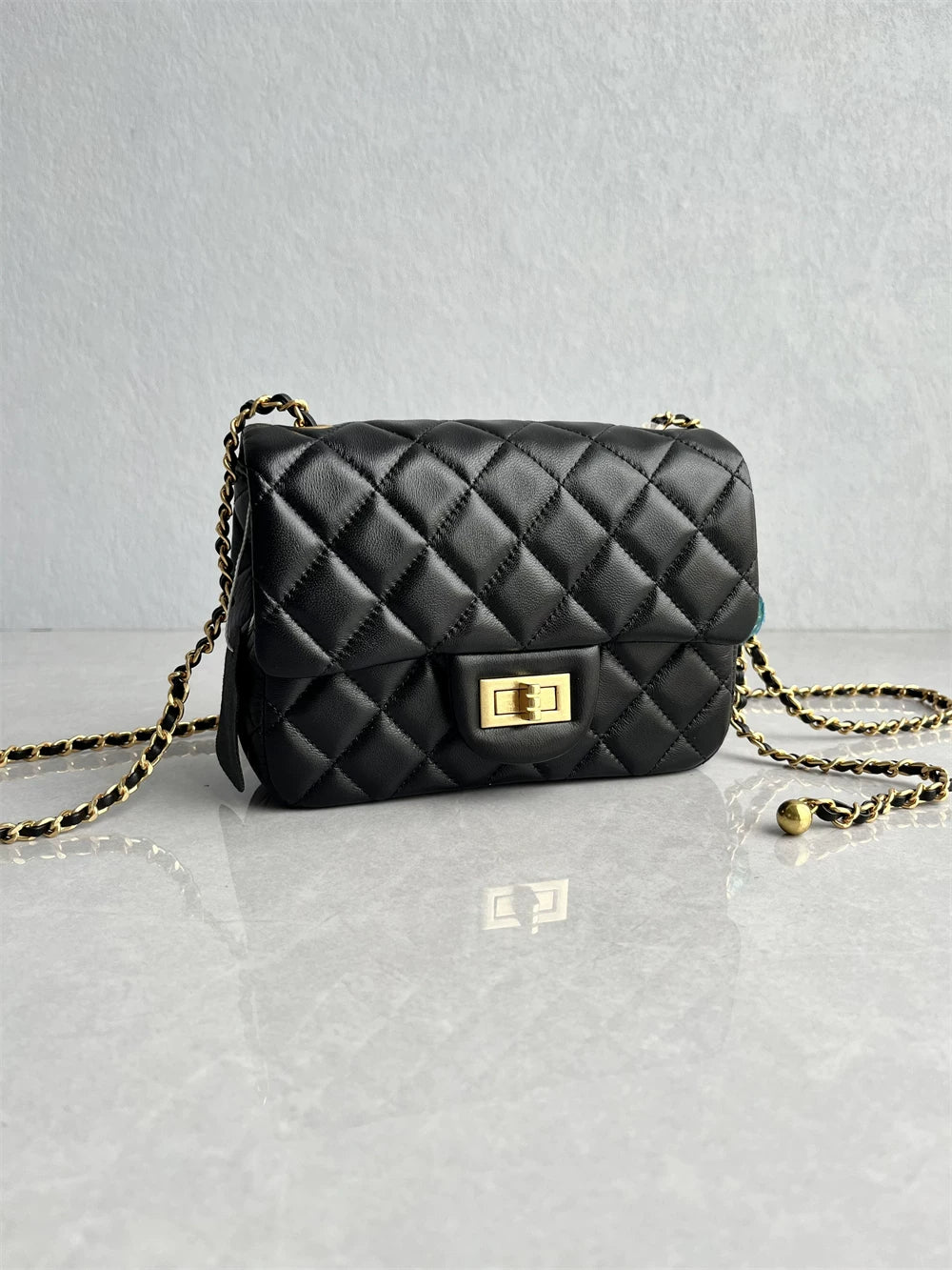 High quality top layer sheepskin small fragrance style small gold ball diamond check chain bag genuine leather classic square fat one shoulder crossbody woman