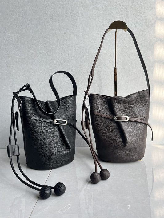 Export to South Korea High Quality Top Layer Cowhide Bucket Bag Fashionable Versatile High-End Texture One Shoulder Crossbody Popular Women's Bag