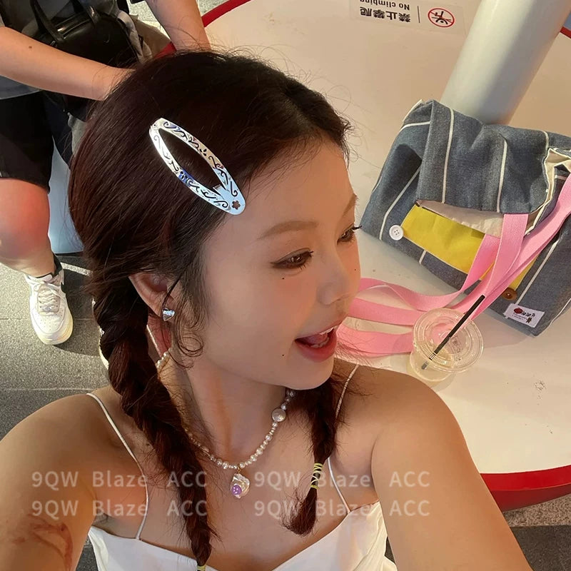 9QW Exotic Style Hollow Flower Oval BB Hairpin Forehead Broken Hairpin Women Simple Fashion Versatile Sweet Cool Style