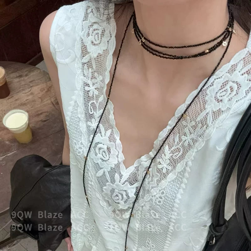 2025 new black beaded multi-loop necklace collarbone chain choker accessories Korean ins high-end multi-layered layering