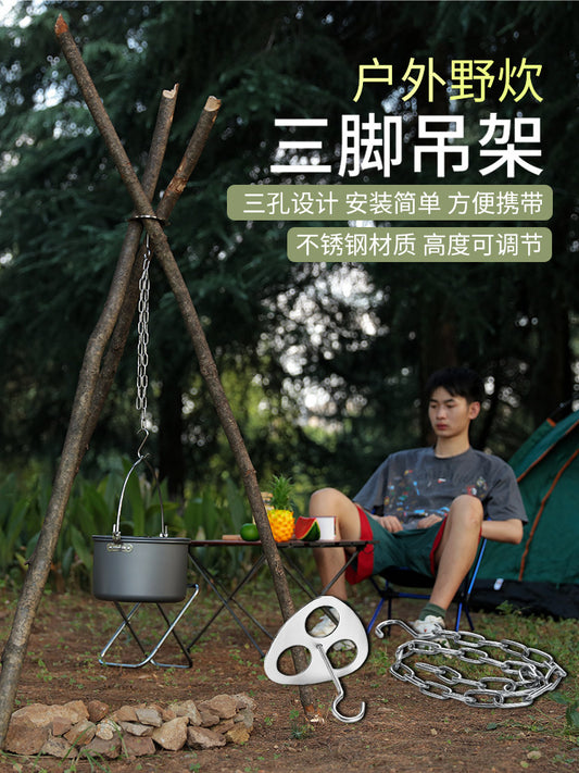 Portable outdoor hanging pot stand triangular foot stand hanger camping supplies campfire stainless steel tripod shelf