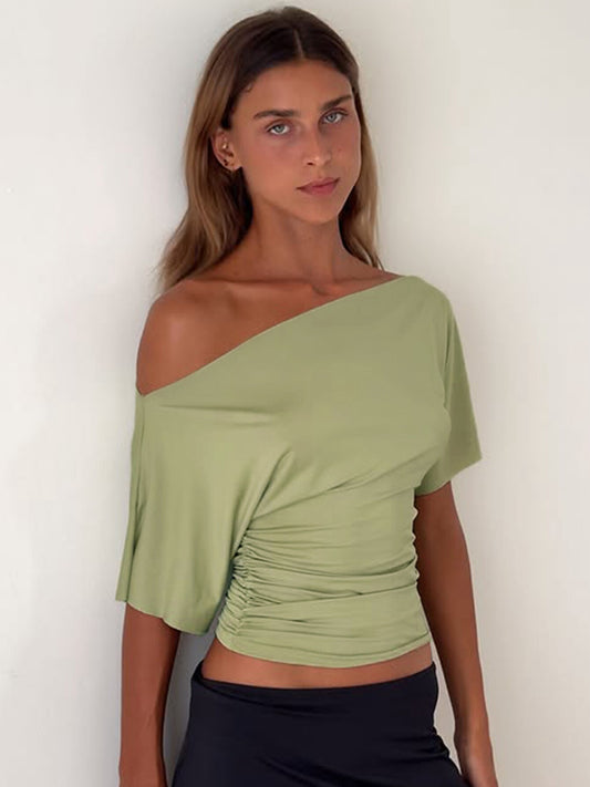 Solid color simple slanted shoulder short-sleeved top 2026 summer new hot girl slim slim and versatile short crop top short crop top T-shirt