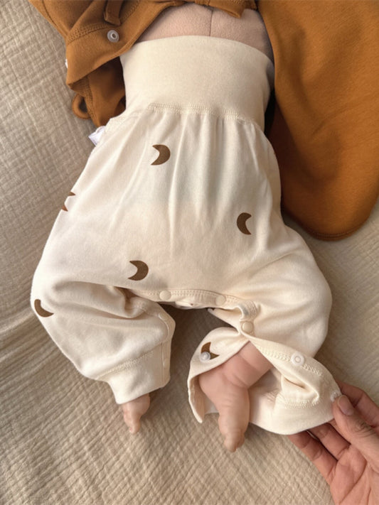 Newborn cotton boneless baby high waist belly protector large PP spring and autumn belt with hidden button pants men's and women's baby long pants 5259