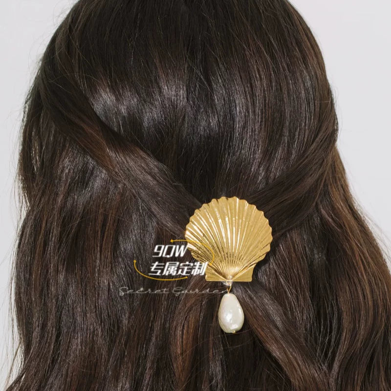 9QW European and American seaside resort style shell pearl hairpin duckbill clip shape versatile high-end hair accessories bangs clip