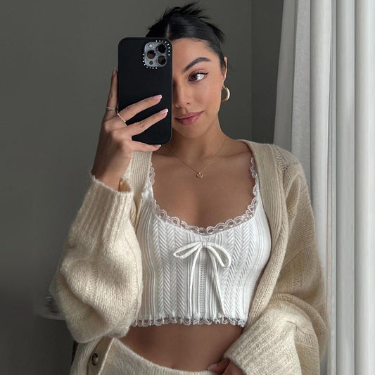 American vintage white bow lace patchwork crop navel camisole 2026 summer new hot girl base shirt