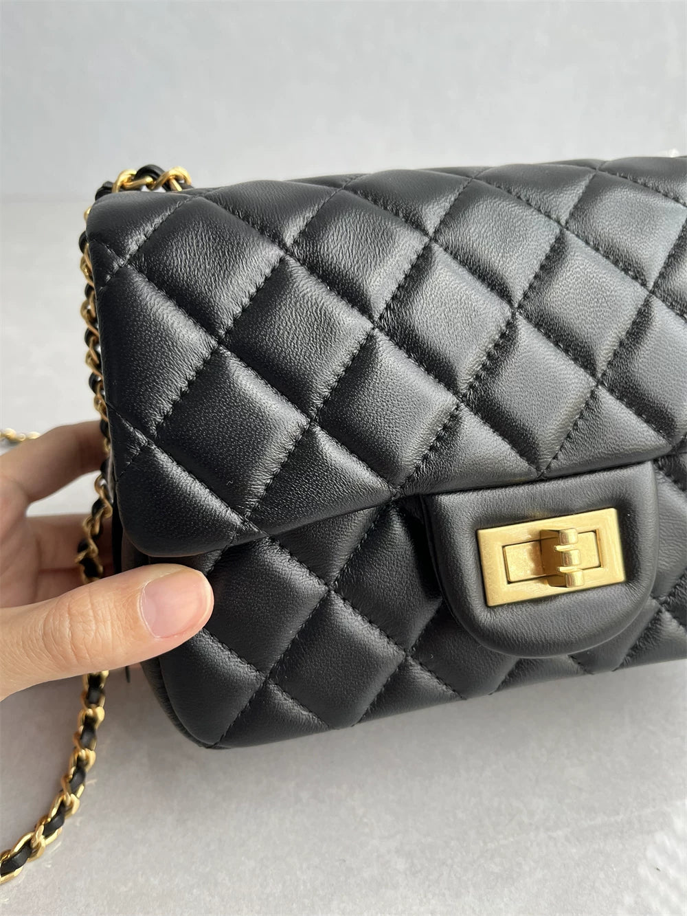 High quality top layer sheepskin small fragrance style small gold ball diamond check chain bag genuine leather classic square fat one shoulder crossbody woman