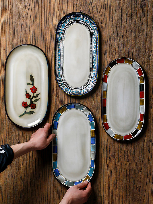 European and American Japanese Style Oval Plate Underglaze Colored Fish Plate Household Dim Sum Plate 14 Inch Long Plate Vintage Tray