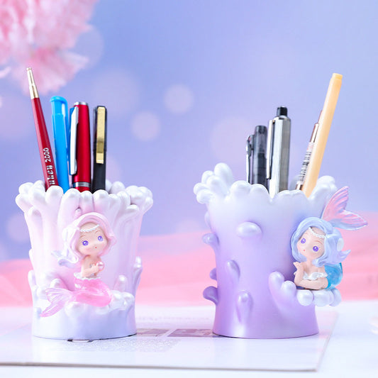 Creative girl heart mermaid pen holder good looks kids girl student desktop storage box office cute stationery shelf pen holder storage bucket