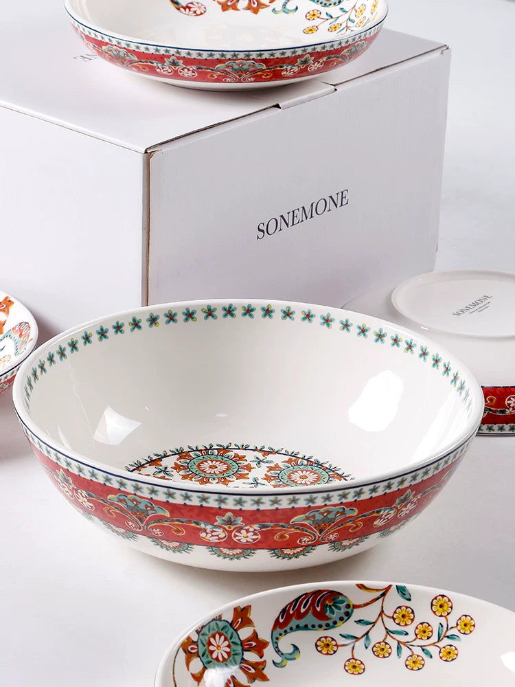 Creative Salad Bowl Plate Set Red Ceramic Tableware Household Large Soup Bowl Deep Vegetable Plate Combo Export Original