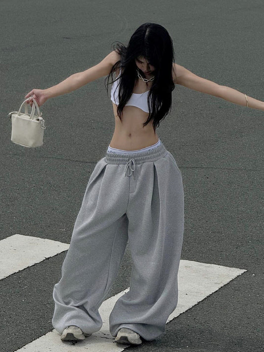 Street style printed pleated gray sweatpants 2026 autumn new hot girl casual and versatile loose and slim trousers