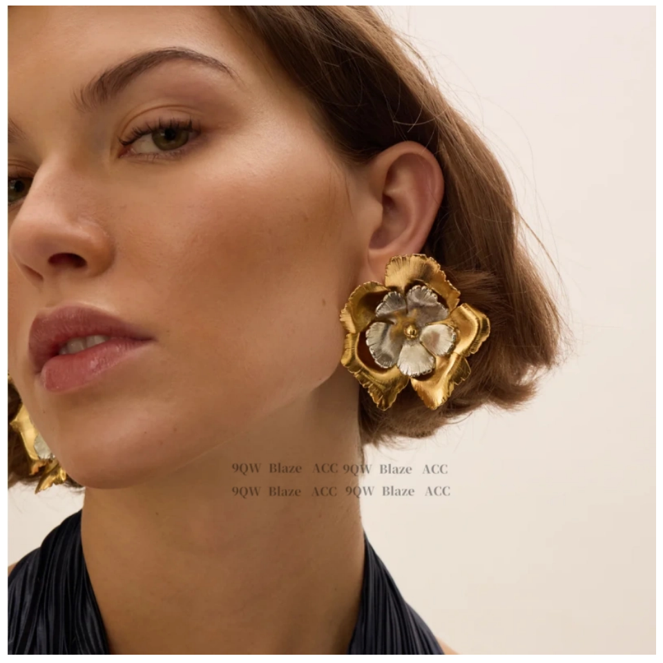 9QW retro two-color three-dimensional flower earrings women's exaggerated artistic earrings niche design contrast earrings