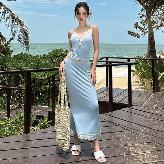 Pure lust lace spliced camisoles + fishtail skirt two-piece hot girl fashion seaside vacation set