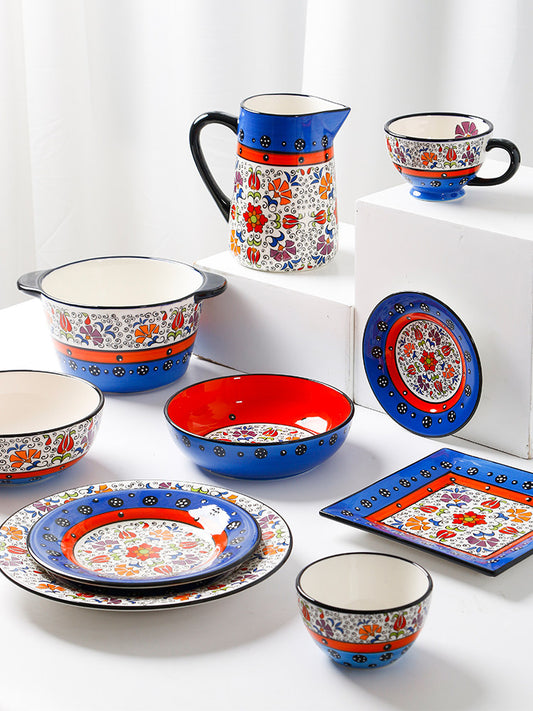 Flower Shadow European Ceramic Tableware Western Dinner Plate Breakfast Cup Hand Painted Plate Home Rice Bowl Soup Bowl Dish Plate Flat Plate
