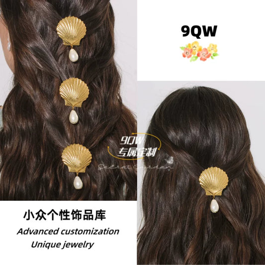 9QW European and American seaside resort style shell pearl hairpin duckbill clip shape versatile high-end hair accessories bangs clip