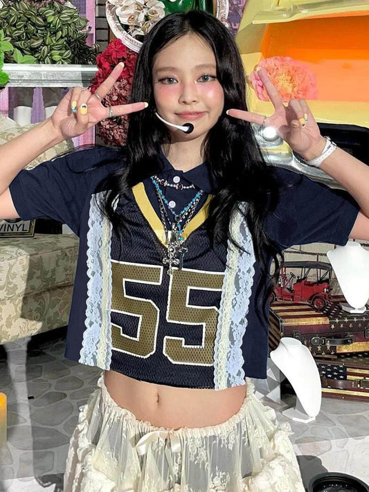Jennie Kim Ji Ni same polo neck short sleeve T-shirt white lace stitched letter print casual top women