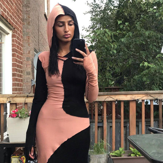 European and American ins fashion bloggers with the same color-blocking hooded long-sleeved dress female cross-border long hip dress trendy