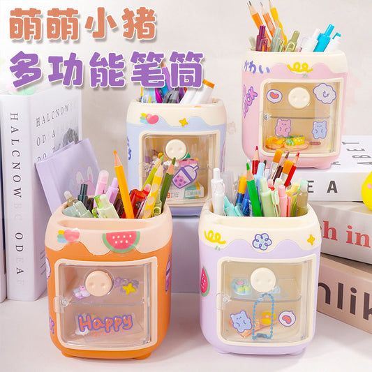Student pig pig pen holder girl cute desktop storage box desk stationery makeup brush bucket multi-functional office pen holder office stationery storage bucket